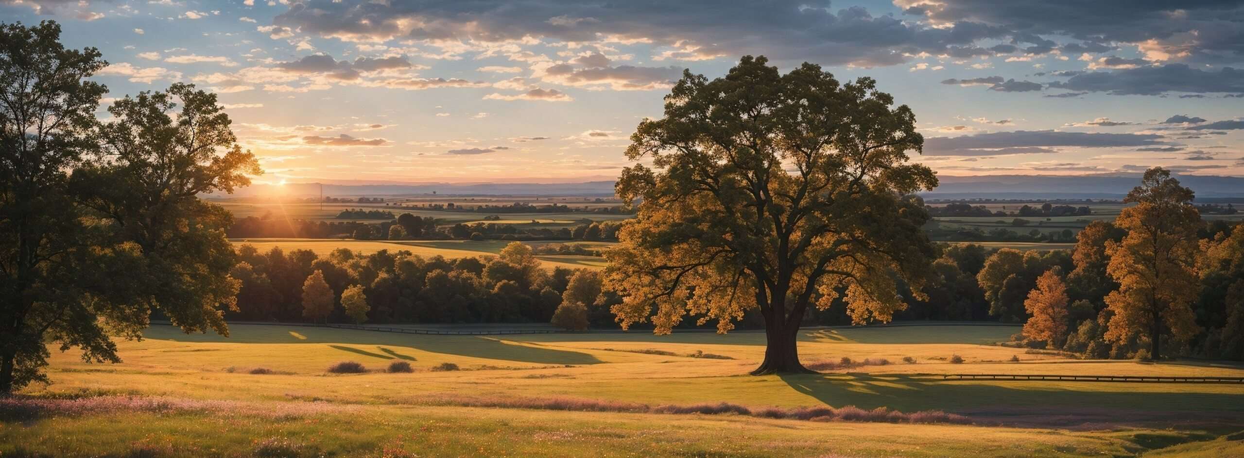 Big oak tree landscape on sunset