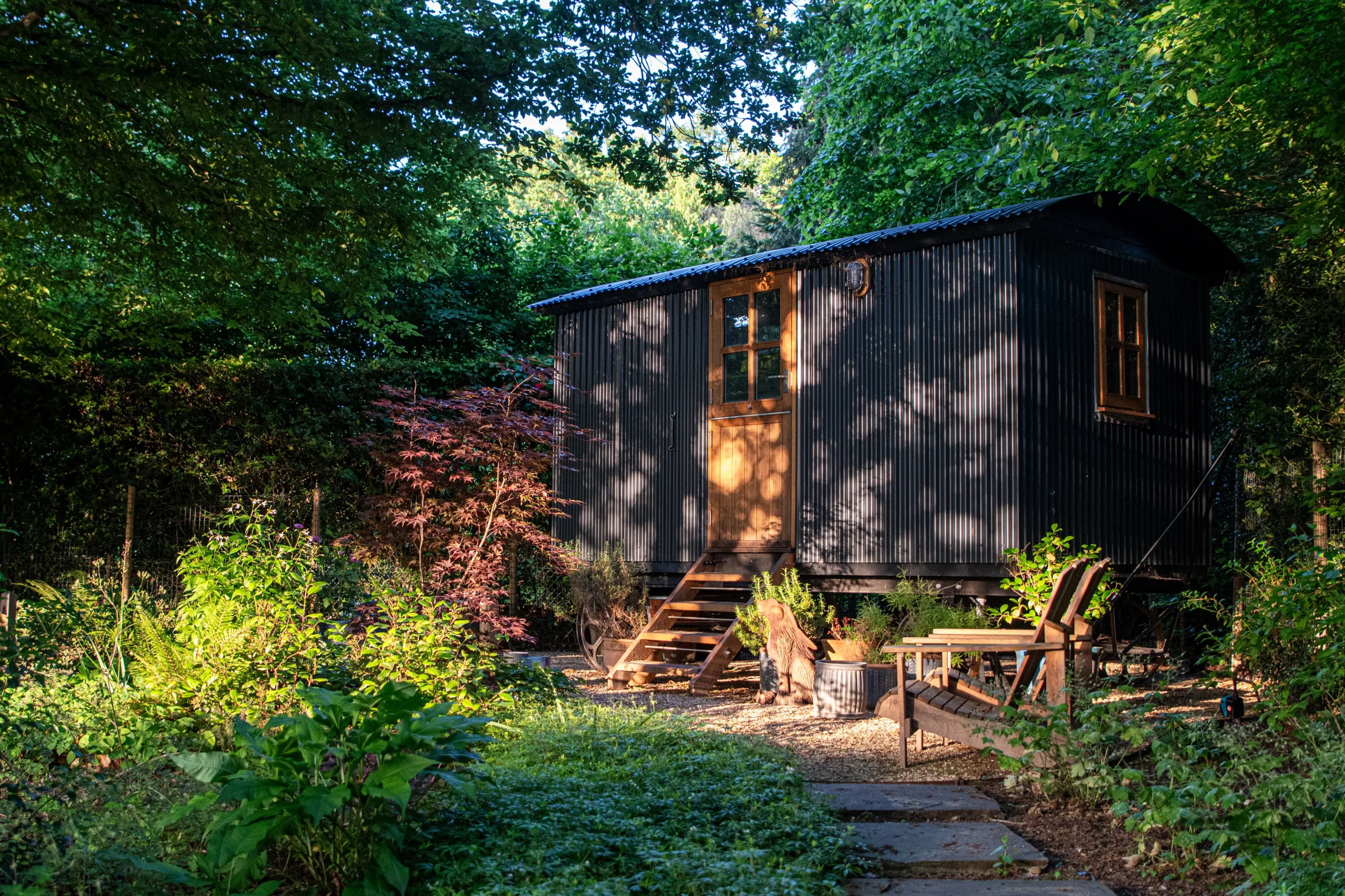 deck and seating area surrounded by woodland planting