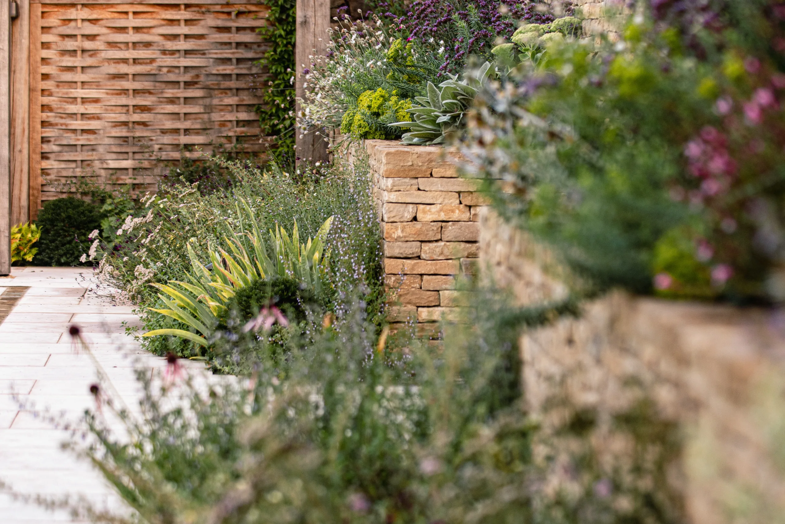 Tranquil water feature connecting pool and garden spaces