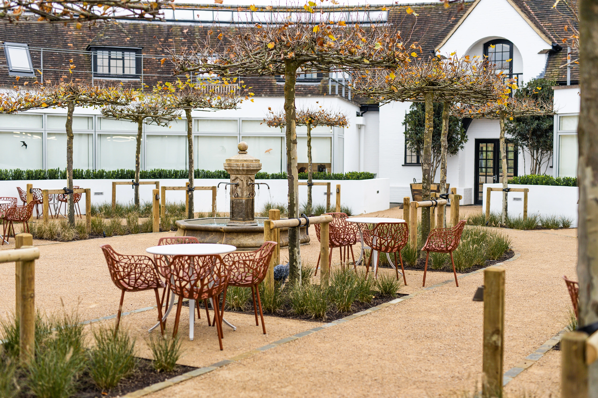 Sustainable landscape design at RES Global Headquarters showcasing water features and staff wellbeing spaces.